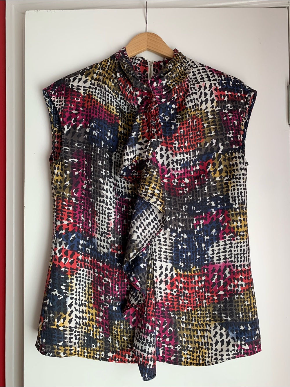 Designer Sleeveless Ruffle-Neck Printed Top - Multicolor, mix of Silk and rayon.
